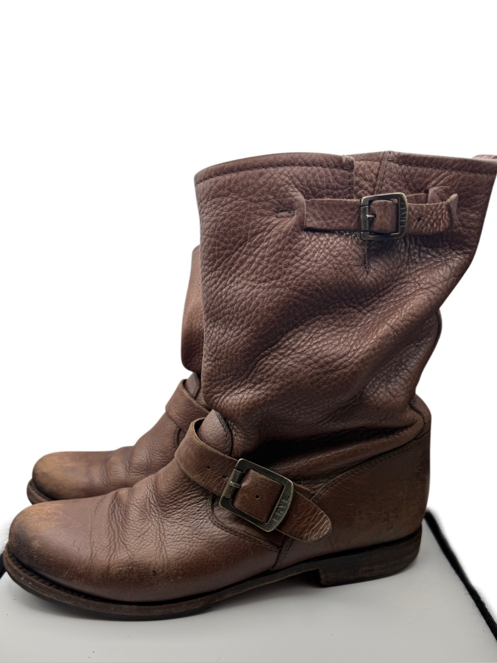 Frye Veronica Short Engineer Boots Brown Leather Used Distressed 9